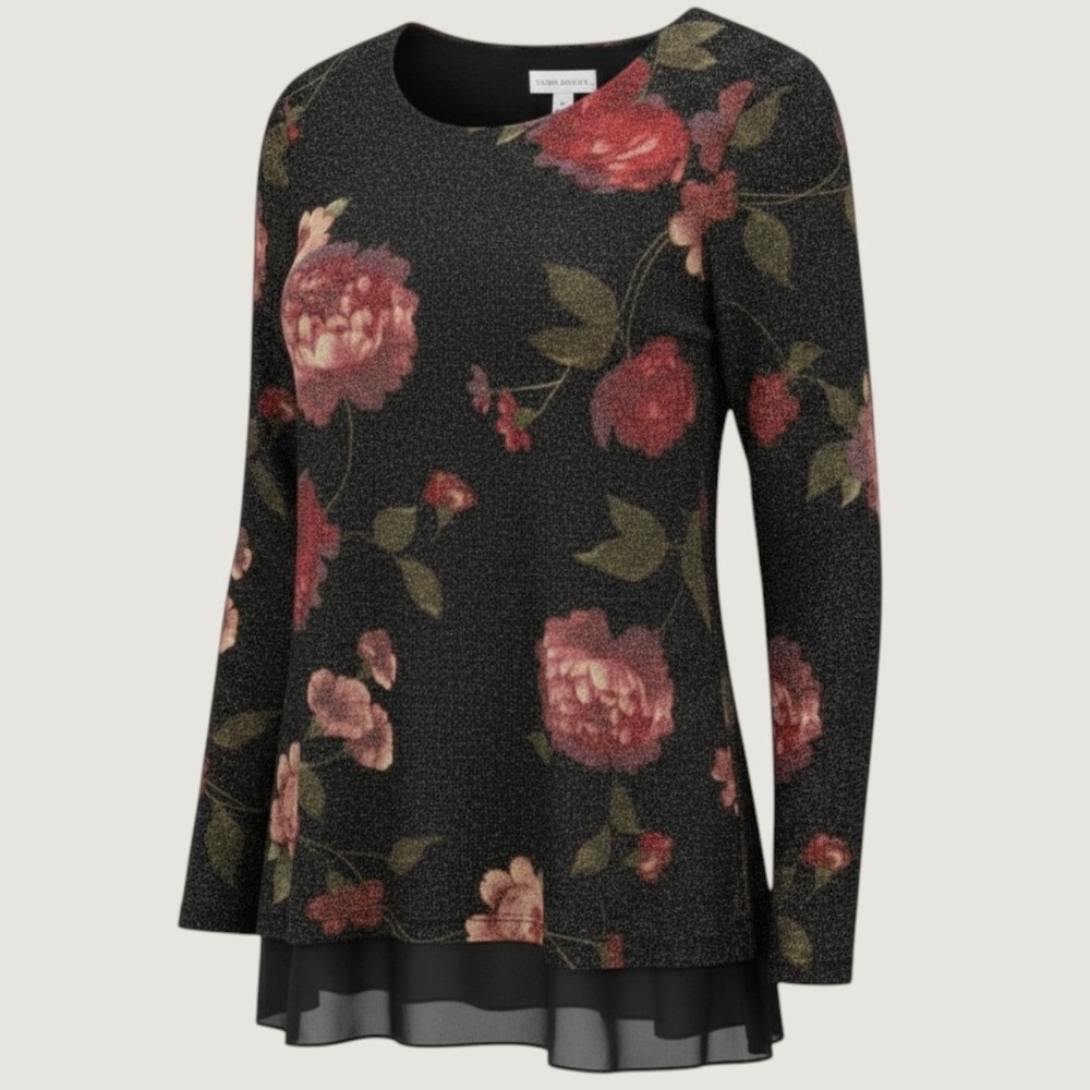 Susan Graver Womens Top XS Black Red Floral Metallic Shimmer Chiffon Romantic